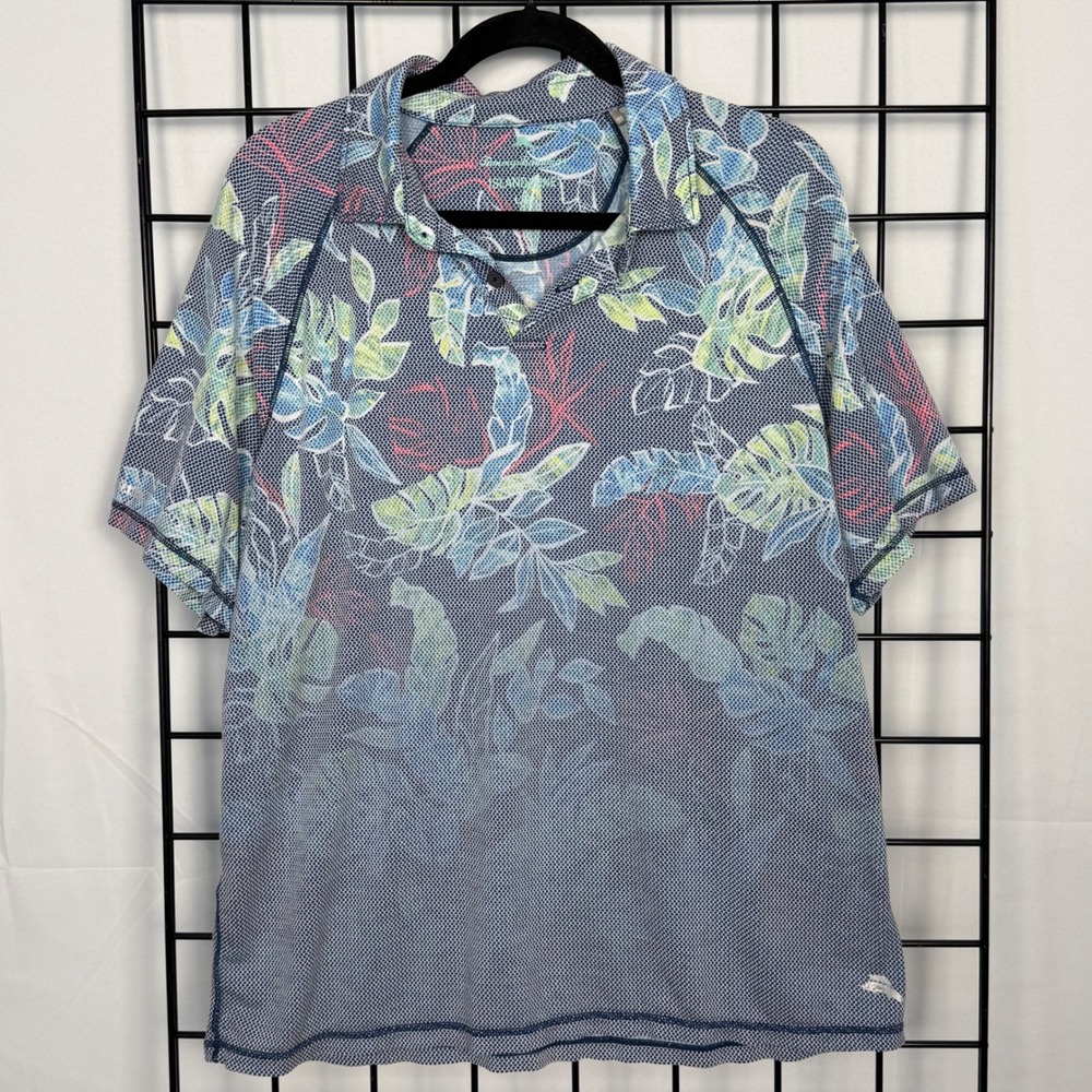Tommy Bahama IslandZone Boardwalk Fade Polo Mens Large Blue Tropical Floral
